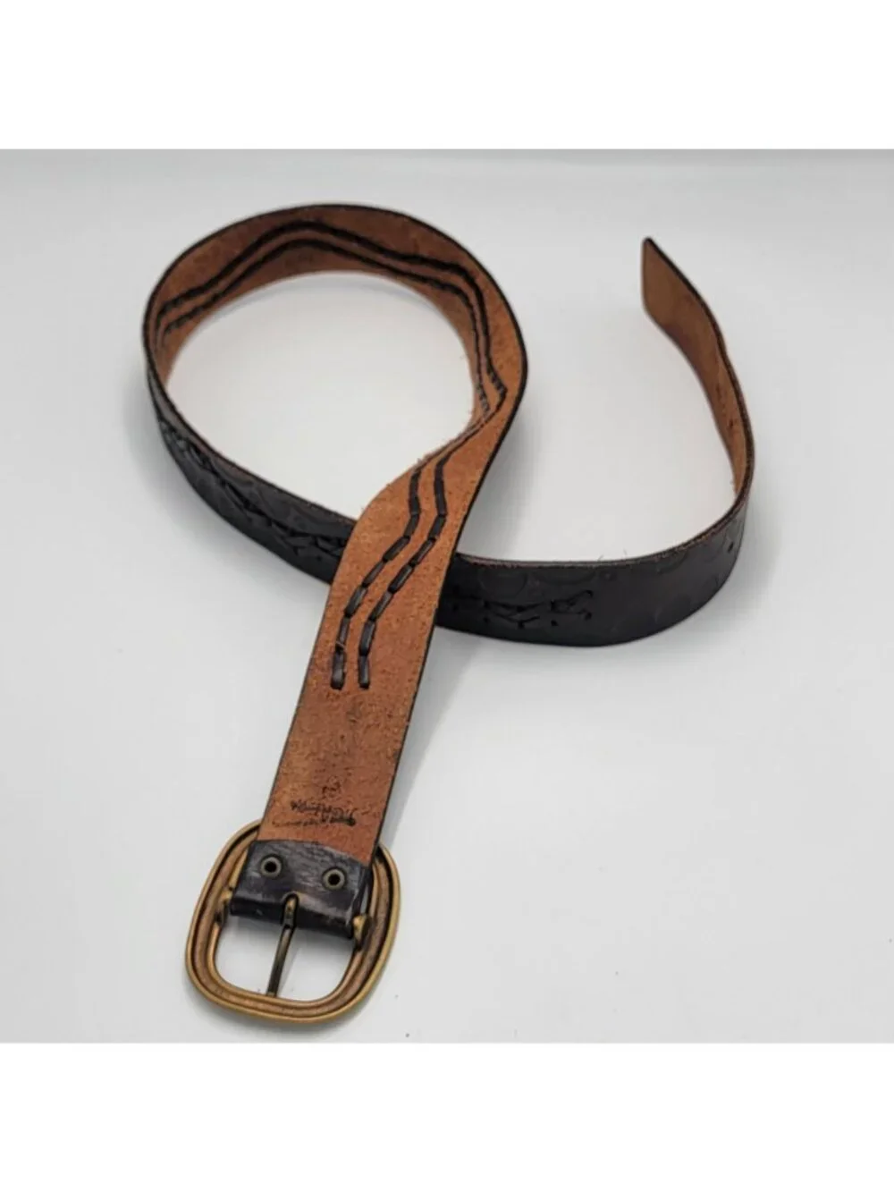Vtg Y2k J.Crew Tooled Leather Belt With Brass Buckle Dark Brown  Unisex Size 38